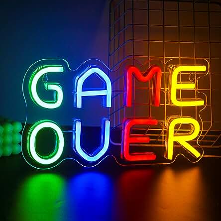 SIGNSHIP Game Over Letrero de Neón, Luz de Neón LED de Colores, Luz de Neón USB de Letras de Juegos, Letrero de Neón Decorativo de Pared con Palabras para sala de Juegos Regalo para Gamers