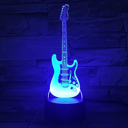 SISYS 3D Lámpara óptico Illusions Luz Nocturna, LED Lámpara de Mesa Luces de Noche para Niños Decoración Tabla Lámpara de Escritorio 7 Colores Cambio de Botón Táctil y Cable USB, Guitarra