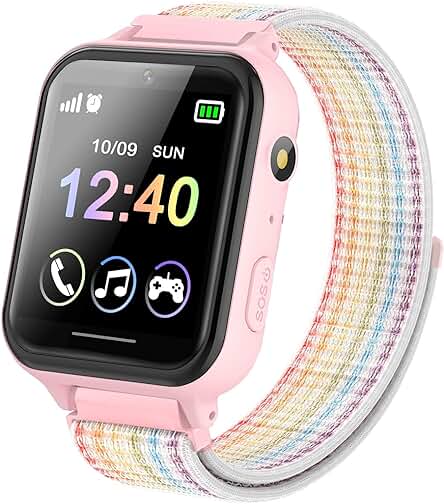 Smartwatch Niños, Reloj Inteligente Niño con 10 Juego, Podómetro, Cámara, Música, SOS, Linterna, Despertador, Reloj Teléfono con Pantalla Táctil y Protector para Niños y Niñas 3-12 Años (rosa)