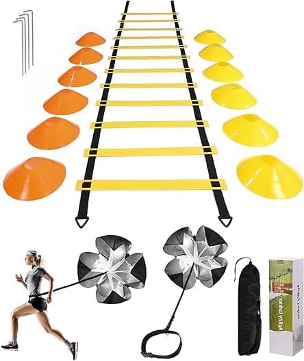 SOBEAU Speed ​​Agility Training Kit para Agilidad,Escalera de Agilidad 6M,12 Conos Deportivos y Paracaídas de Resistencia de Entrenamiento,Equipo de Entrenamiento de Fútbol para Niños y Adultos