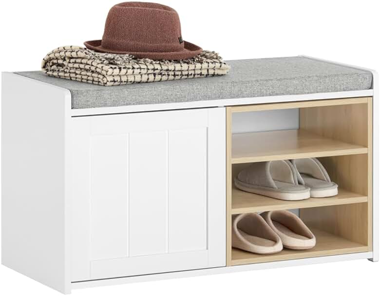 SoBuy FSR109-WN Banco Zapatero con 1 Puerta Banco de Almacenamianto con Cojín Acolchado y Balda Extraíble Blanco 80 x 35 x 45 cm ES