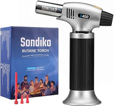 Sondiko Soplete De Cocina, Profesional Antorcha Butano Encendedor, Mini Culinario Soplete con Cerradura de Seguridad & Llama Ajustable para Barbacóa Brulée Crema Cámping (Gas no Incluido)
