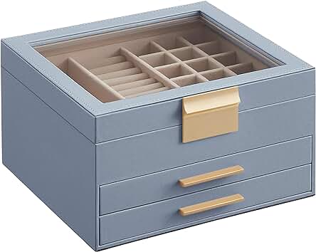 SONGMICS Caja de Joyas, Caja Joyero de 3 Niveles, Estuche de Joyería, Tapa de Cristal, con 2 Cajones, Gran Capacidad, Estilo Moderno, Idea de Regalo, Azul Ahumado y Dorado JBC239Q01