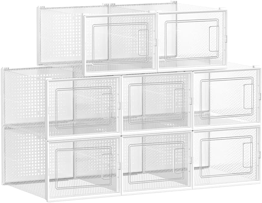 SONGMICS Cajas de Zapatos Plástico, Juego de 8 Organizadores de Almacenamiento, Caja Zapatero Plástico Plegable y Apilable para Zapatillas Hasta Talla 46, Transparente y Blanco LSP08MWT
