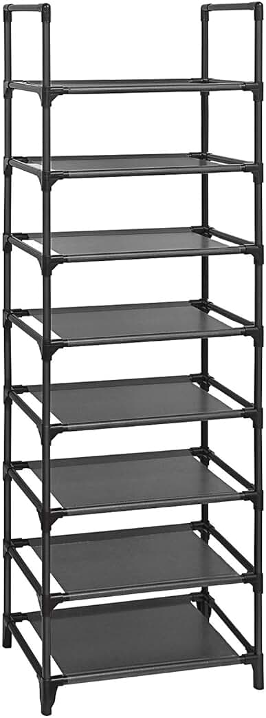 SONGMICS Zapatero, Organizador Zapatos, 8 Baldas, Zapatero Abierto Estrecho, 28 x 46 x 145 cm, Marco de Metal, Estantes de Tela no Tejida, para Pasillo, Dormitorio, Negro LSR24BK