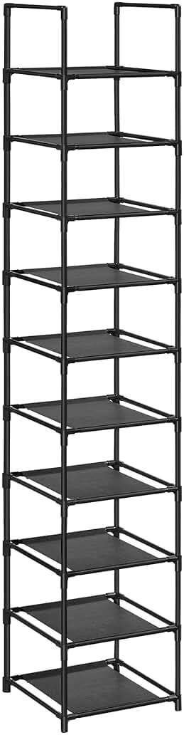 SONGMICS Zapatero, Organizador Zapatos,10 Baldas, Zapatero Abierto Estrecho, 33 x 33 x 173 cm, Marco de Metal, Estantes de Tela no Tejida, para Pasillo, Dormitorio, Negro LSR110B02