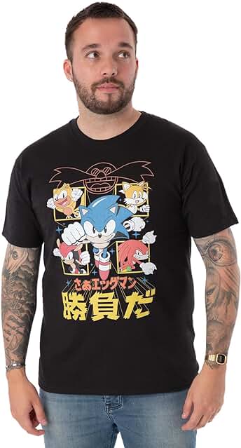 Sonic The Hedgehog Camiseta Negra de Manga Corta para Hombre | Diseño de Cómics Japoneses | Abraza el Icónico Estilo Manga | Auténtico Merchandising de Sonic | tee para Entusiastas de los Juegos
