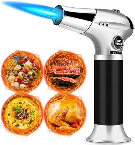 Soplete de Cocina, Mechero Soplete, Soplete Con Bloqueo de Seguridad, Soplete de Butano Ajustable y Recargable Para Creme Brulee Casero, Postre, Camping, Barbacoa, Cocina (Butano no Incluido)