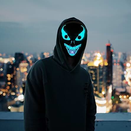 SOUTHSKY Máscara LED,M206, Máscaras de Calavera de cara Completa con Luces de Neón azul Luminosas para Halloween,festivales,carnaval,disfraz de Lujo,fiesta de Cosplay