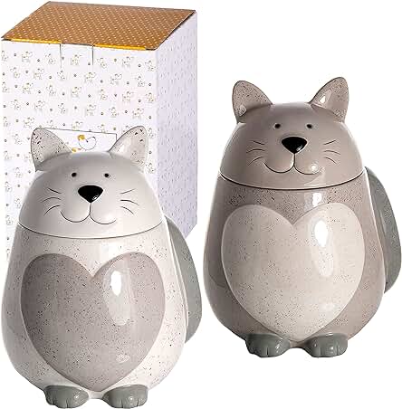 SPOTTED DOG GIFT COMPANY - Tarros de Cerámica para Almacenamiento de Alimentos con tapa - Juego de 2 para Café, Azúcar, Comida y Golosinas - Forma de gato - Regalo Gatos Mujer Hombre