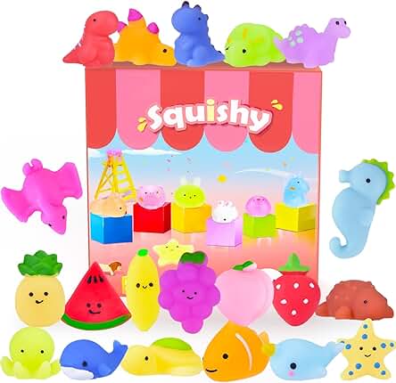 Squishys Kawaii Squishy Mini Juguete Suave de Silicona de Alivio de Estrés en Forma de Fruta Dinosaurio Animal Marino, Juguete Pegajoso Sin Tóxico para Niños y Adultos, Patrón Aleatorio 20 Piezas