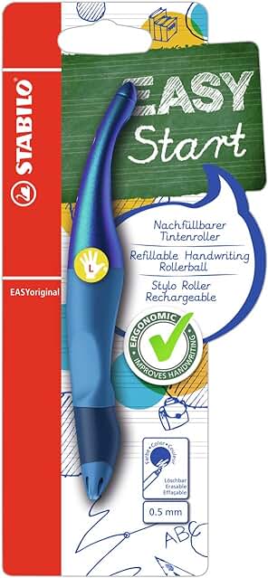 STABILO Bolígrafo Ergonómico para Zurdos EASYoriginal Holograph Edition en Azul, Bolígrafo único, Color azul (borrable), Incluye Cartucho