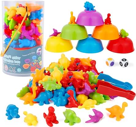 StarryTiger 58 Piezas Montessori Juguetes de Educativos, con Cuenco y Dados y Pinzas, Dinosaurios Contando Juguetes de Reconocimiento de Color, para Niños 3 4 5 6 Años