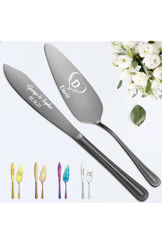 STREADVE Juego de Cuchillos y Servidores Grabados para Tartas de Boda, Utensilios Personalizados para Cortar Tartas para Novia, Novio, Cortador Personalizado, Regalo de Cumpleaños de Quinceañera, Inicial,