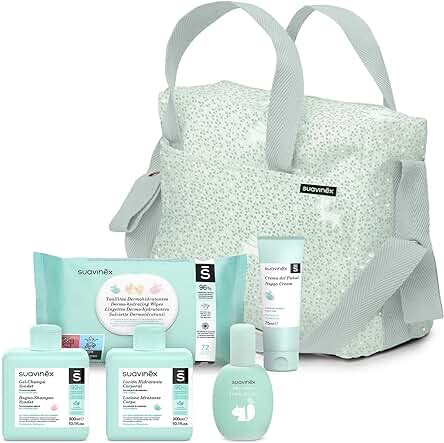 Suavinex, Bolso Carro Bebé con Cosmética: Gel Champú Syndet 300 ml + Loción Hidratante 300 ml + Pomada Pañal 75 ml + Baby Cologne 100 ml + Toallitas 72 Uds. Para Regalo de Recién Nacido. Mint