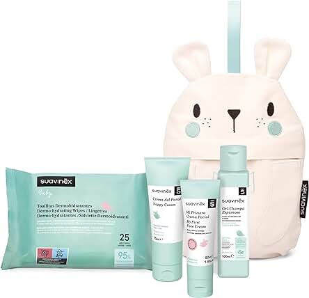 Suavinex, Neceser Bebé, Set Regalo Bebé Recién Nacido con: Crema del Pañal, 75 ml + Gel Champú Espumoso 100 ml + Crema Facial 50 ml + Toallitas Dermohidratantes 25 uds. Formato Viaje, Oso, Azul