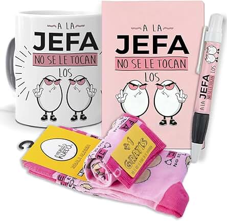 Super Regalo Personalizado para Jefas. A la jefa no se le Tocan los Huevos. Taza, Libreta, boli y Trio de Calcetines