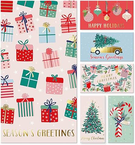 Sweetzer & Orange Tarjetero para Dinero o Tarjeta de Regalos para Adultos - 6 Diseños, 4/Cada Uno - 24 Felicitaciones Navideñas con Sobre - Exterior Brillante, Interior Mate, 300gsm - 3.5”x6.5”