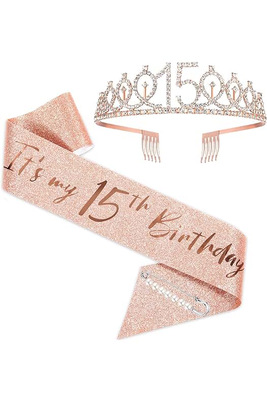 SZHUIHER SZHUIHER Banda y Tiara de 15 Cumpleaños para Niñas, Corona de Banda de Cumpleaños de oro rosa 15 y Fabulosas Bandas y Tiara, Regalos de 15 Cumpleaños para Felices Fiestas de 15 Cumpleaños