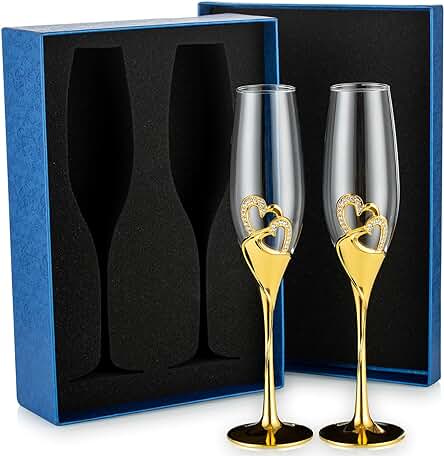 Sziqiqi 2 Piezas Copas de Champaña Copa con Caja de Regalo del Vino Tinto Copa Copas como Regalo de Boda En Forma de Corazón para la Fiesta de Aniversario de Bodas, Oro