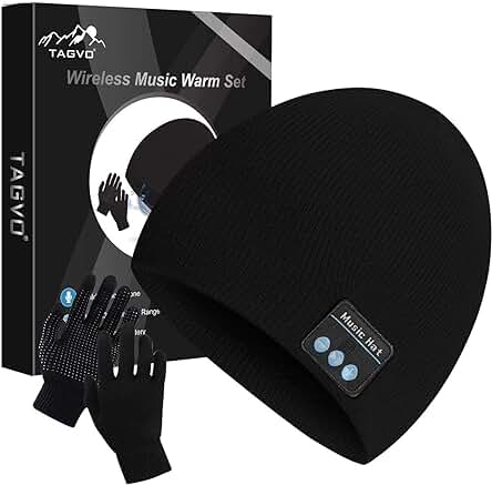 TAGVO Gorro Bluetooth V5.0 con Conjunto de Guantes con Pantalla Táctil, Gorro de Música Inalámbrico de Punto Cálido de Invierno con Micrófono Inalámbrico para Correr Esquí Senderismo,Regalo Navidad