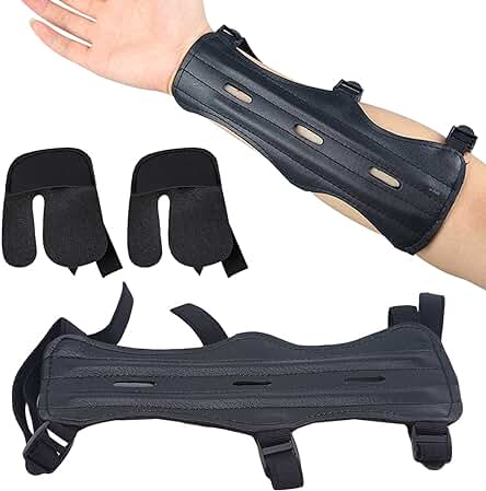TAIZER Protectores Brazo Tiro con Arco 4PCS Guardabrazos Tiro con Arco Proteger el Dedo Flecha Correa Ajustable Pestaña Dedo con Arco Protector Antebrazo Negro para Tiro Caza Objetivo Adulto