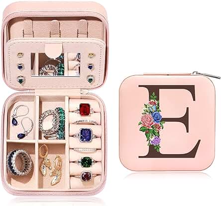 Tarklanda Joyero Inicial E Joyero Pequeña Mini Joyero Portátil Joyero Viaje Caja de Joyería para Mujer Niña Personalizado Regalo de Cumpleaños, Navidad, Aniversario, día de la Madre