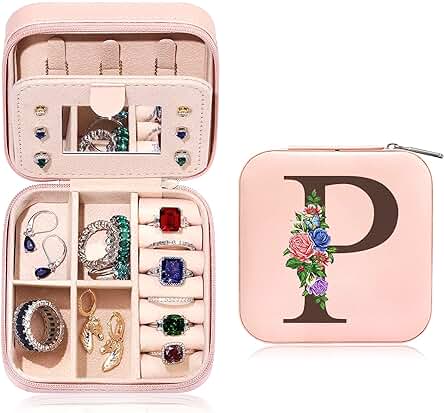 Tarklanda Joyero Pequeña con Inicial P Joyeros Mujer Organizador Personalizado Joyero Viaje con Espejo Joyero Mini Joyero Portátil Niña Regalo Cumpleaños Regalo de Propuesta de Dama de Honor