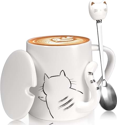Taza de Café Divertida,Taza de Café con Tapa,Taza,Tema de gato Lindo cola 3D.Regalo para Amante de los Gatos、Novia、Cumpleaños de Niños.