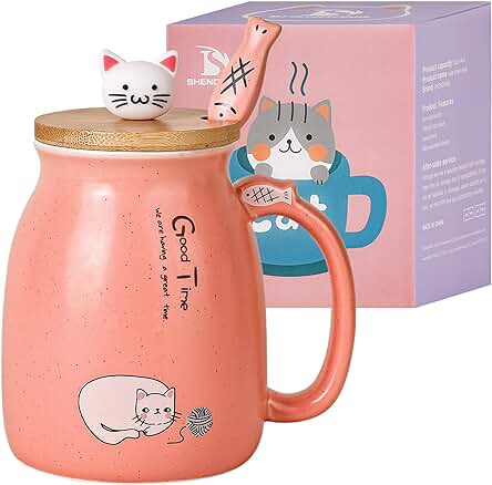 Taza Gato Linda taza de Café de Cerámica con Tapa y Cuchara de Madera Gato Kawaii Taza Matutina Novedosa Tazas de té de Leche de Café Tazas de Gatos para Amantes de los Gatos Mujeres Regalos (Rosa)