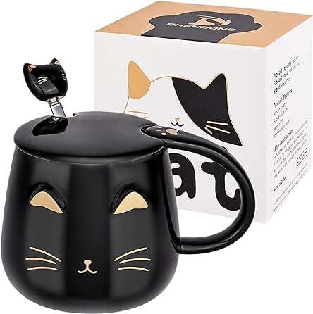 Taza Gato Negro Linda taza de Café de Cerámica con tapa y Cuchara Kawaii Taza Matutina Novedosa Tazas de té de Leche de Café - Animales 3d Tazas de Gatos para Amantes de los Gatos Mujeres Regalos