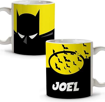 Taza Superhéroes Personalizada con Nombre. Regalo Friki. Varios Diseños y Colores Interior. Murciélago. Taza Cerámica 330ml