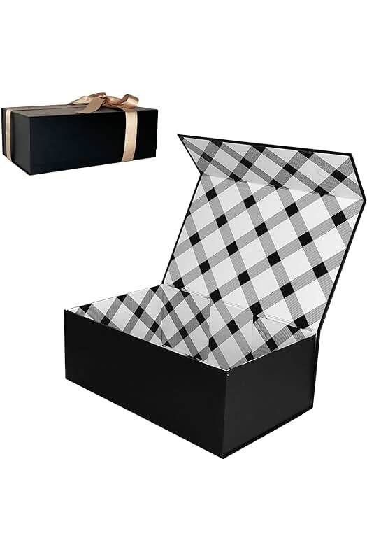 Tekhoho Tekhoho Caja de Regalos Negro 27x17,5x10 cm, Caja de Regalos Premium con Tapa MagnéTica y Cinta para Embalaje de Regalos de Bodas y CumpleañOs, Forro a Cuadros