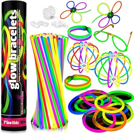 The Glowhouse UK Premium Glow Sticks para Niños y Adultos, Paquete de Fiesta de 205 Piezas, Incluye kit de Gafas Brillantes y Conectores para Pulseras y Collares. Varillas Brillantes de Larga Duración