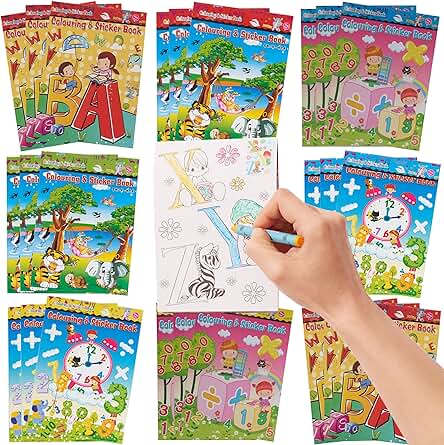 THE TWIDDLERS - Pack de 24 Mini Libros Educativos para Colorear más Pegatinas, A6 - Fiesta de Cumpleaños para Niños de 3 Años en Adelante, Compacto, Ligero y Portable