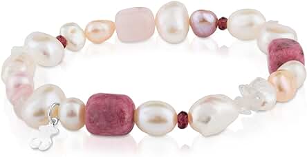 TOUS Pulsera de Perlas, Granate, Rodonita y Cuarzo para Mujer con Motivo de Oso en Plata de Primera Ley, 17,5 cm de Largo, Elegante y Clásica, Colección Pearl