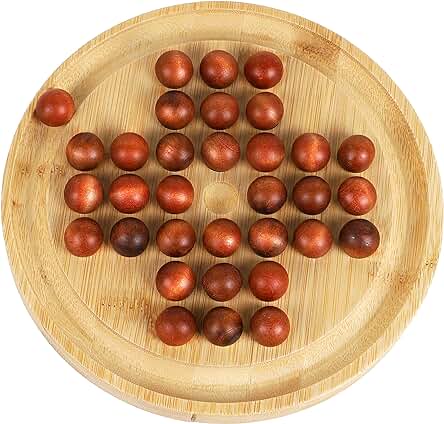 TOWO Juego de Solitario de Madera-Juego de Rompecabezas de Clavija Desafiante-Ajedrez de Mármol Clásico- Tablero Redondo de 21 CM (8,3 Pulgadas) con Bolas - Juego de Estrategia para un Solo Jugador