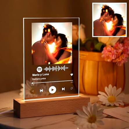 TRANSPARENT GIFT Lámpara Personalizada Spotify con Foto. Regalos Originales para Amigos, Pareja, Amantes de Música. Canción con Frases. Metacrilato y Madera