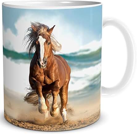 TRIOSK Taza con Diseño de Caballo Junto al mar con Caballos, Playa, Marítimo, Regalo para los Amantes de los Caballos, Niñas, Mujeres y Niños