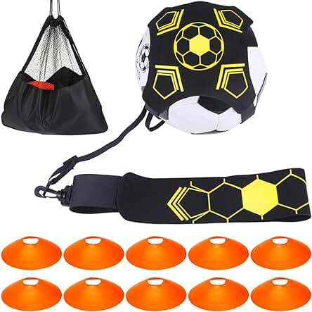 TYRSEN Entrenador Fútbol Kit, Entrenamiento Fútbol Accesorios con Ajustable Cinturón con 10 Conos Futbol, Equipo Entrenamiento Fútbol, Voleibol y Rugby, Regalo Fútbol Niños (fútbol no Incluido)