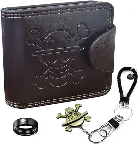 Tyzourib Billetera de Cuero Cartera de Anime con Llavero One Piece Luffy y Anillo de Calavera Monedero One Piece Regalo de Cumpleaños Navideños para Fanáticos del Anime Adolescentes Niños Hombres