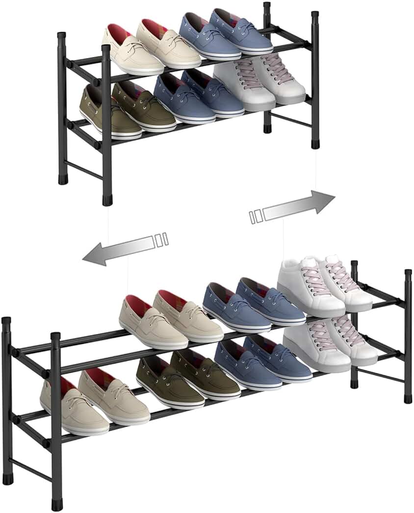 TZAMLI Zapatero Extensible de 2 Niveles para Guardar Hasta 12 Pares de Zapatos, Estante de Almacenamiento Apilable para Pasillo, 62 ~ 114 x 22 x 35 cm (negro, 2 Filas)