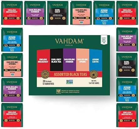 VAHDAM, Muestrario De Té Negro Para Regalo (5 Sabores, 20 Bolsas De Te) Surtido Te De Navidad | Sin Gluten, Sin OMG | Christmas Tea | Surtido De Infusiones Para Regalo | Caja Infusiones Regalo