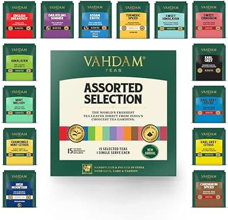 VAHDAM, Set De Té Variado Para Regalo (15 Bolsas De Te) Surtido Te De Navidad | Sin Gluten, Sin OMG | Christmas Tea | Surtido De Infusiones Para Regalo | Caja Infusiones Regalo