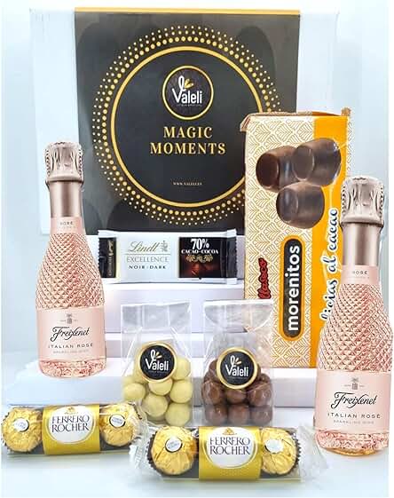 Valeli, Freixenet 2 cava mini 200ml Italian Rosé.Cesta Delicatessen Bombones Ferrero Rocher, Lindt. Regalo Original Navidad, San Valentín, Cumpleaños.Estuche Gourmet para Regalar (ITALIAN ROSÉ)