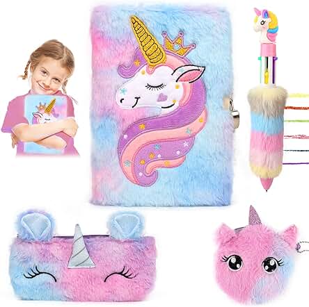 VFANDV Diario Secreto Niña, Juego de Diario de Unicornio de Felpa, Diario Unicornio con Llave y Candado para con Bolígrafo Multicolores, Regalo de Niña Unicornio para 4 5 6 7 8 9 Años (Púrpura)