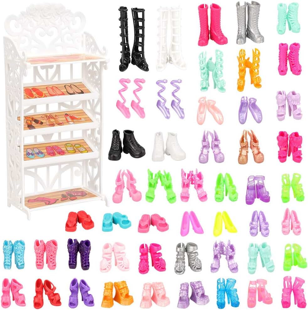 VILLAVIVI 1x Zapatero de Plástico Muñeca Fashion + 40x Zapatos Accesorios como Regalo para 28 - 30 CM 11.5 Pulgadas Muñeca