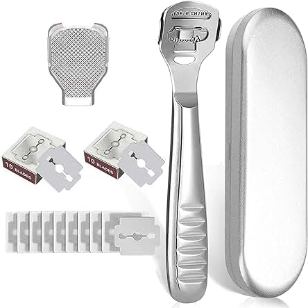 Vokmon Cuchillas Para Callos, Lima de Pies Pedicura - Eliminador de Callos Profesional con Caja & 20 Cuchillas - Removedor de Piel de Dura Dureza de Acero Inoxidable
