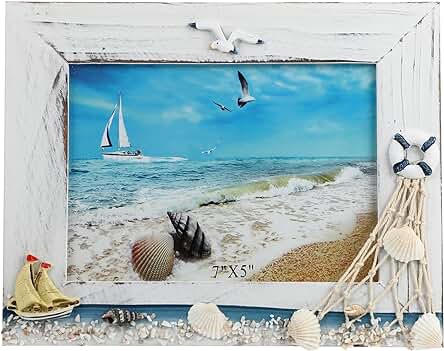 VOSAREA Marco de Fotos Náutico para Playa, Costera, Madera con Adornos de Concha de mar, Estilo Vintage, Escultórico, Decoración de Mesa, Regalos Náuticos para el Hogar