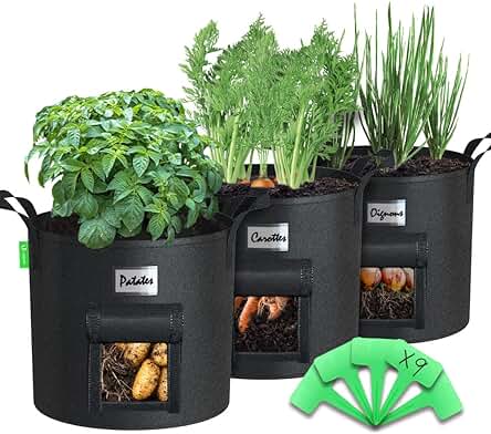 VOUNOT 3 Piezas Bolsas de Cultivo Plantas 43L, Maceta de Tela Cultivo de Patatas con Ventana de Velcro Asas y Etiquetas de Plantas, Bolsa de Siembra no Tejida para Papas Tomates Fresas